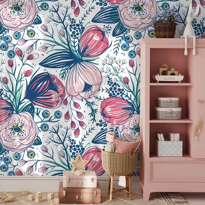 Boho Floral Wallpaper With Stylized Botanicals In Pink, Blue, And Yellow – A368