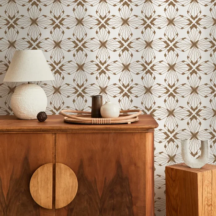 Boho Tile Wallpaper Featuring A Geometric Floral Motif In Brown – C935