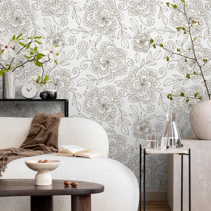 Boho Wallpaper With A Delicate Floral Line Art In Beige – C962