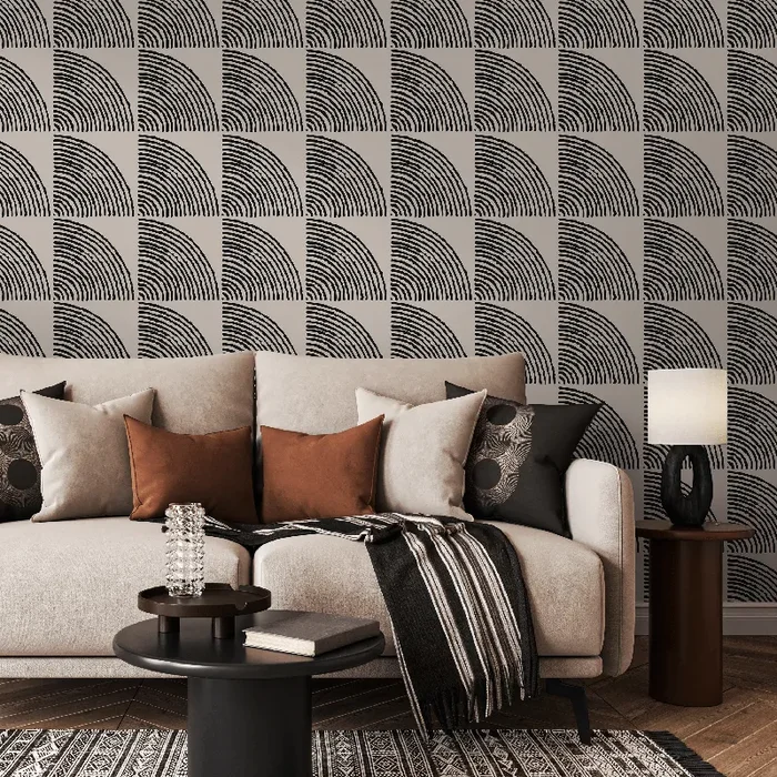 Boho Wallpaper With A Geometric Arc Motif In Black And Beige – C482