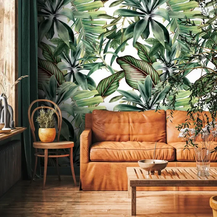 Botanical Wallpaper Featuring A Lush Tropical Canopy In Green And Red – A450