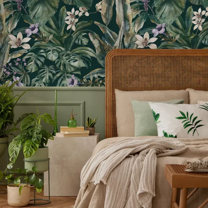 Botanical Wallpaper Featuring A Lush Tropical Jungle In Green, Purple, And White – C408
