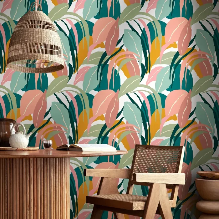 Botanical Wallpaper Featuring Abstract Tropical Leaves In Teal, Pink, And Yellow – B635