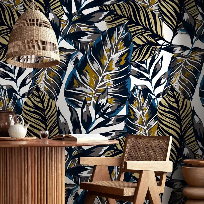 Botanical Wallpaper Featuring Bold Tropical Leaves In Blue, Gold, And Grey – B134