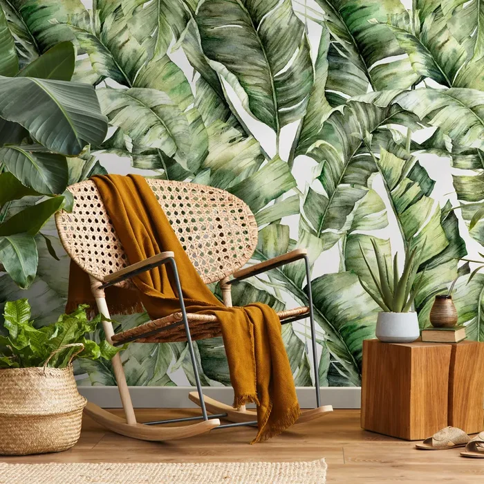 Botanical Wallpaper Featuring Lush Banana Leaves In Green – C405