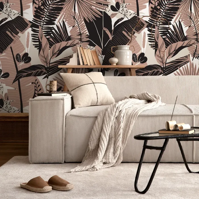 Botanical Wallpaper Featuring Modern Jungle Leaves In Pink And Black – C166