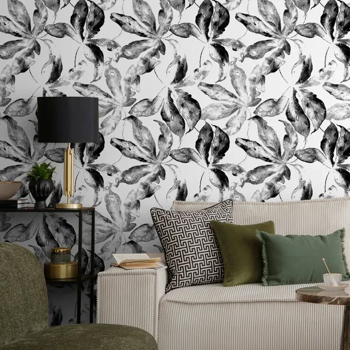 Botanical Wallpaper Featuring Painted Leaves In Black And White – D958