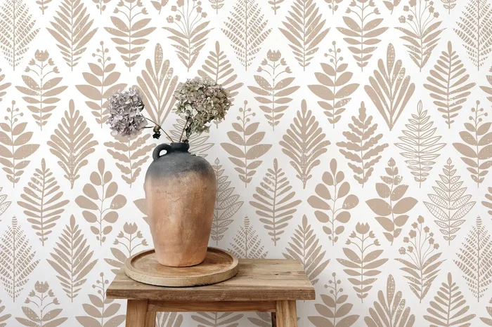 Botanical Wallpaper Featuring Stylized Folk Art Leaves In Beige – D182