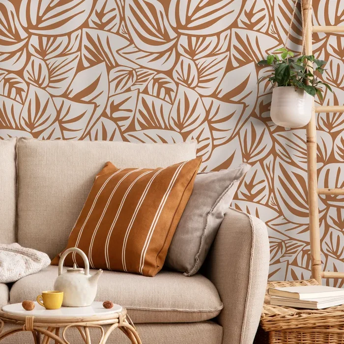 Botanical Wallpaper Featuring Stylized Leaves In Orange And Beige – D648
