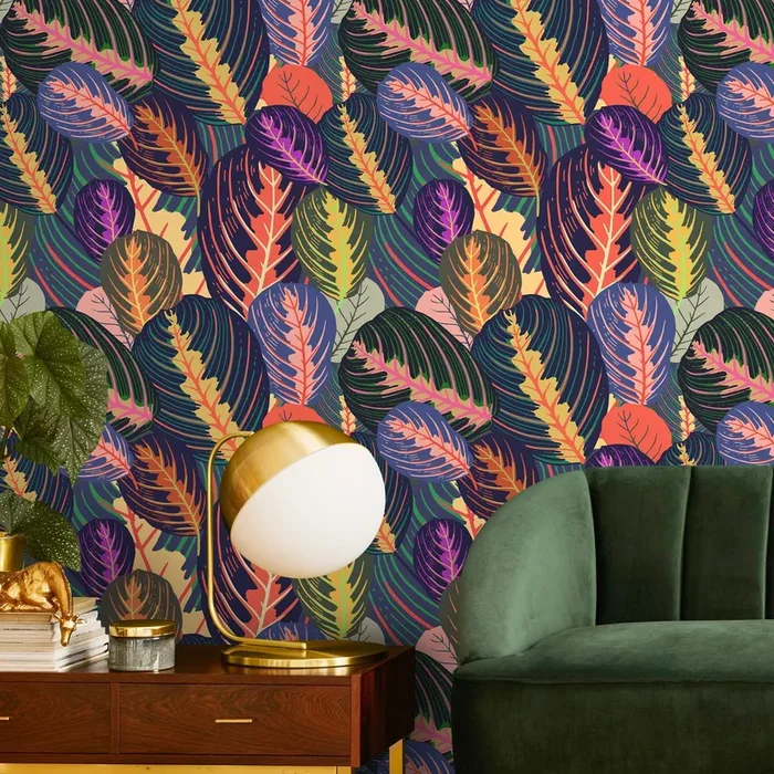 Botanical Wallpaper Featuring Stylized Tropical Leaves In Blue, Orange, And Purple – A796