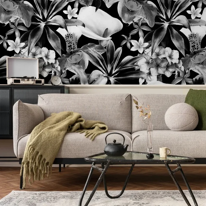 Botanical Wallpaper Featuring Tropical Flowers In Black And White – B054