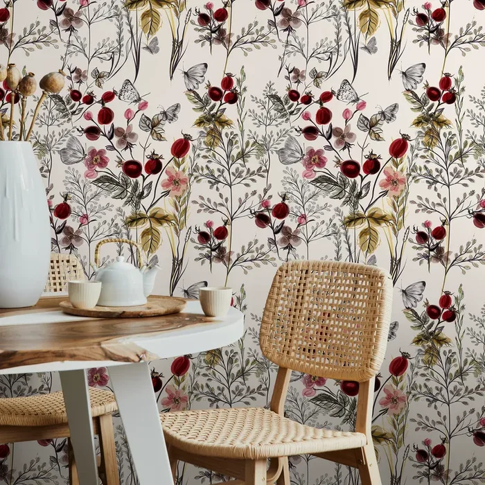 Botanical Wallpaper Featuring Wildflowers And Berries In Red And Pink – A494