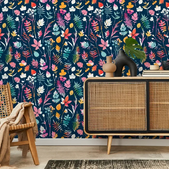 Botanical Wallpaper With A Colorful Leaf Medley In Pink, Orange, And Blue – D936