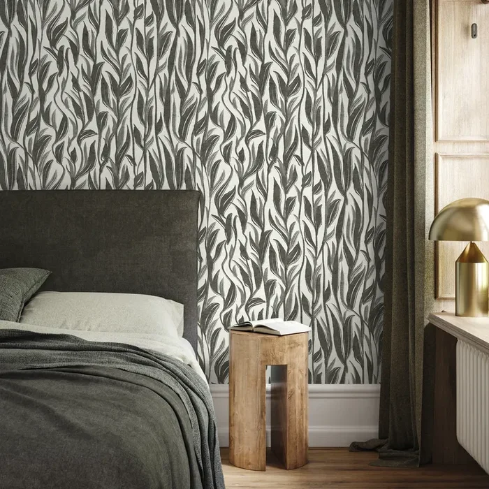 Botanical Wallpaper With A Flowing Painted Leaf Motif In Black And White – D028