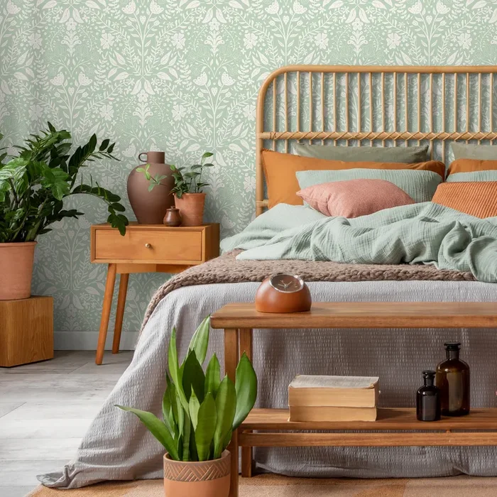 Botanical Wallpaper With A Folk Art Wildflower Motif In Mint Green And White – C808