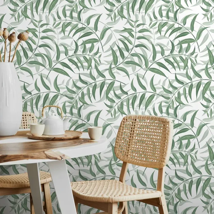 Botanical Wallpaper With A Graceful Willow Leaf Motif In Green – X197