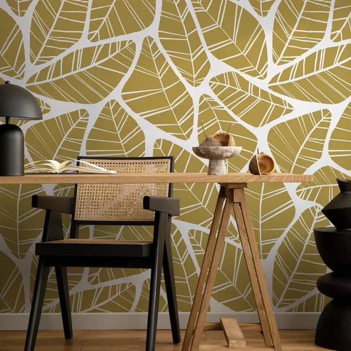 Botanical Wallpaper With A Graphic Leaf Motif In Mustard And White – C619