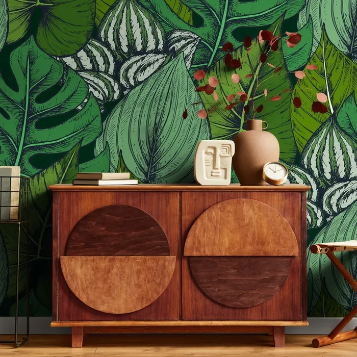 Botanical Wallpaper With A Lush Tropical Leaf Sketch In Green And Black – B390