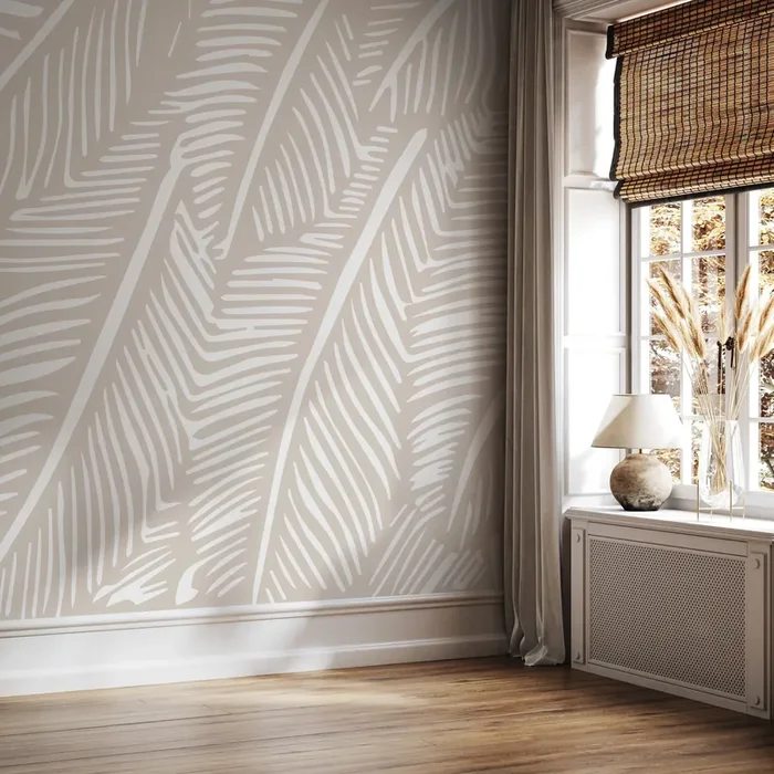 Botanical Wallpaper With A Stylized Leaf Motif In Beige And White – B965