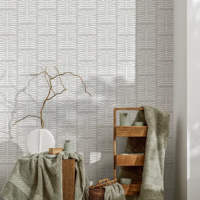 Botanical Wallpaper With A Stylized Leaf Motif In Grey And White – C275