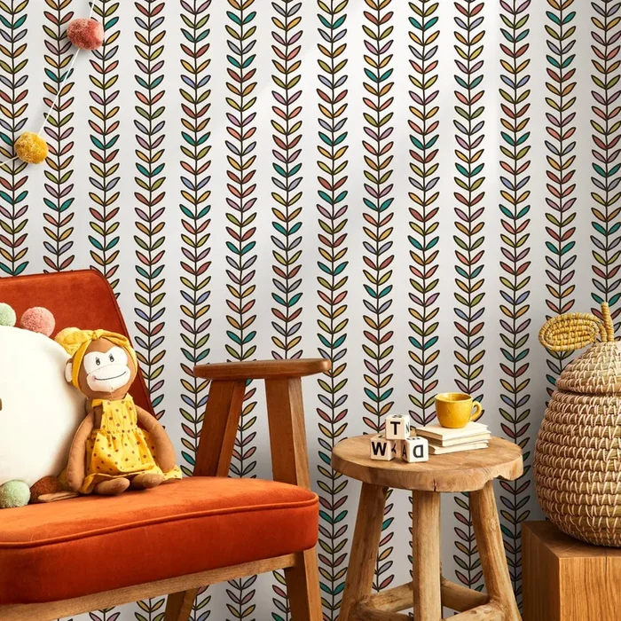 Botanical Wallpaper With A Stylized Vine Motif In Red, Yellow, And Teal – B844