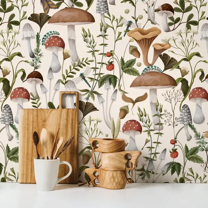 Botanical Wallpaper With A Vintage Mushroom And Insect Motif In Brown, Green, And Red – D817