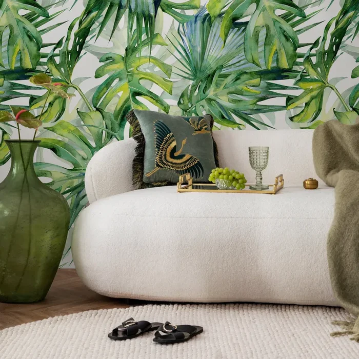 Botanical Wallpaper With A Watercolor Monstera Leaf Motif In Green And Yellow – A214