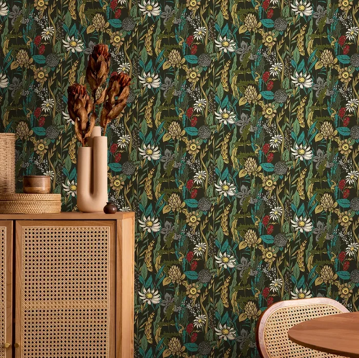 Botanical Wallpaper With A Wildflower Meadow Motif In Yellow, Teal, And Red – B360