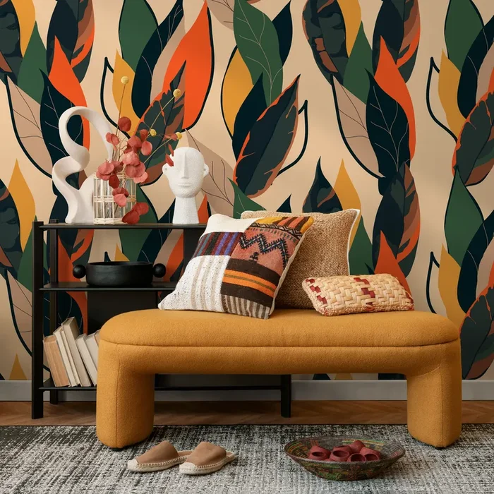 Botanical Wallpaper With Abstract Leaves In Green, Orange, And Yellow – B213