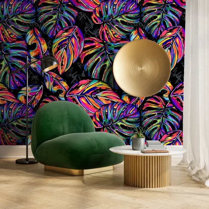 Botanical Wallpaper With Abstract Monstera Leaves In Pink, Blue, And Yellow – A147