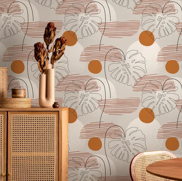 Botanical Wallpaper With Abstract Monstera Leaves In Terracotta And Black – B915