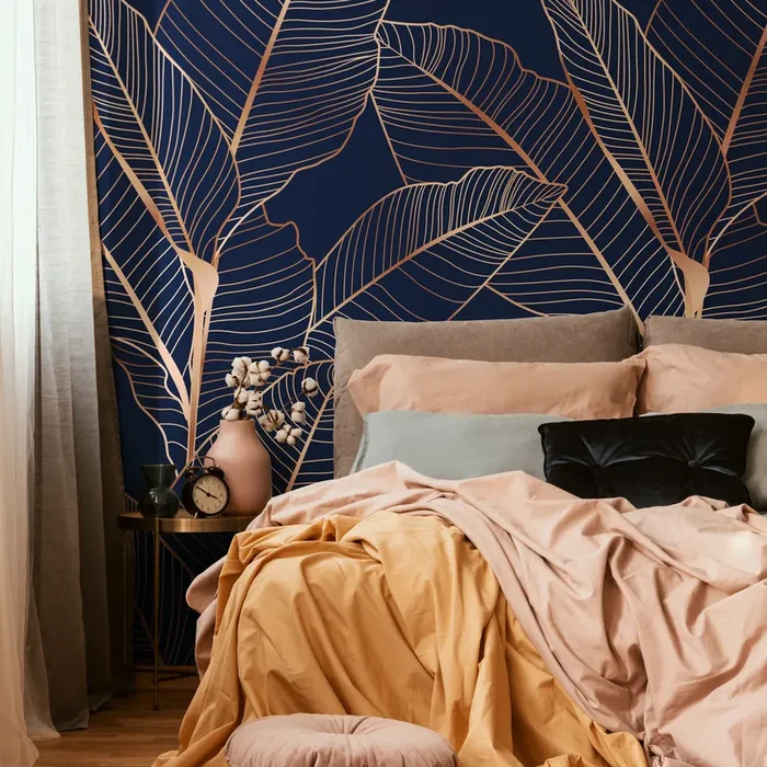 Botanical Wallpaper With An Elegant Leaf Motif In Navy Blue And Gold – B983