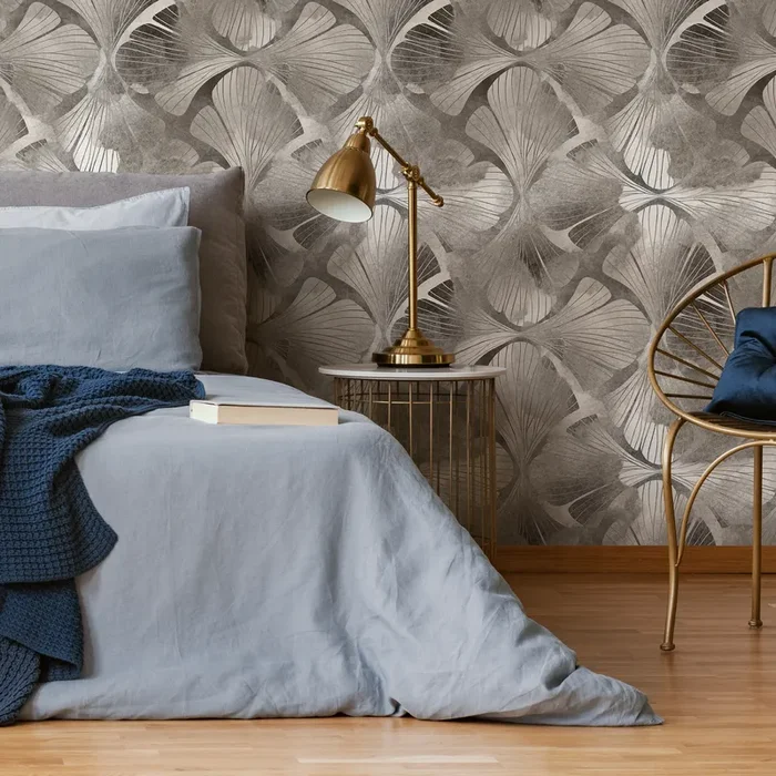 Botanical Wallpaper With Art Deco Ginkgo Leaves In Gray And Taupe – C865