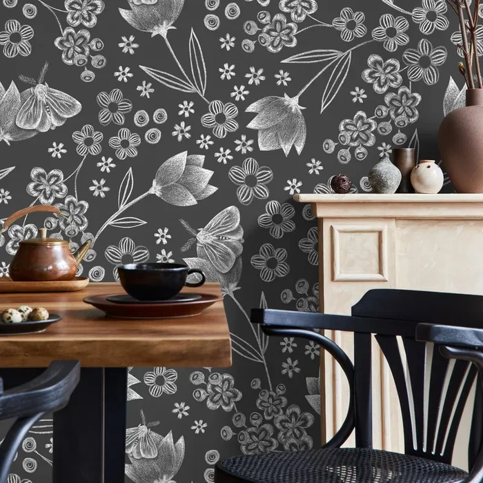 Botanical Wallpaper With Chalk-drawn Florals And Moths In Black And White – X086