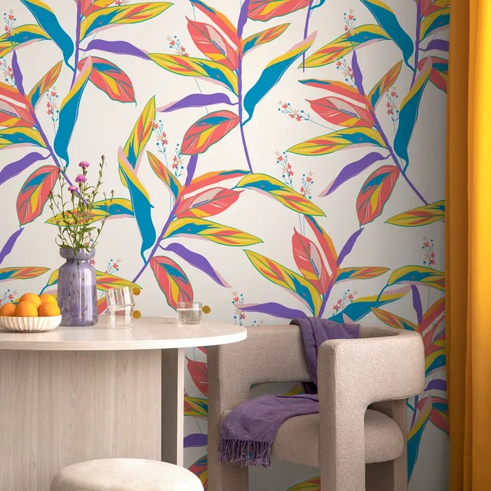 Botanical Wallpaper With Colorful Foliage In Blue, Yellow, And Pink – C274