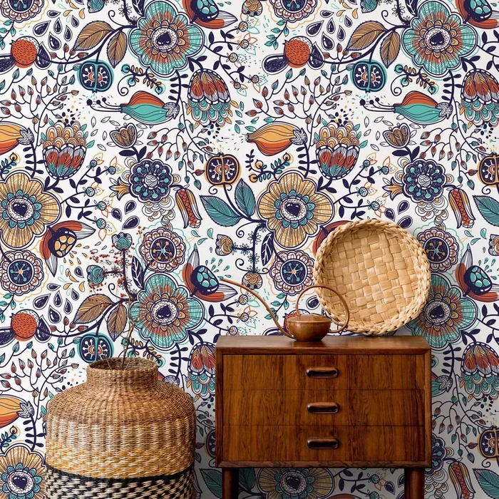 Botanical Wallpaper With Folk Art Florals In Teal, Orange, And Blue – A407