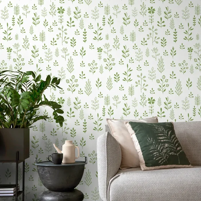 Botanical Wallpaper With Hand-drawn Sprigs In Green – A365