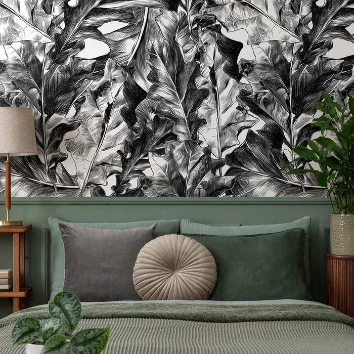 Botanical Wallpaper With Hand-drawn Tropical Leaves In Black And White – B718