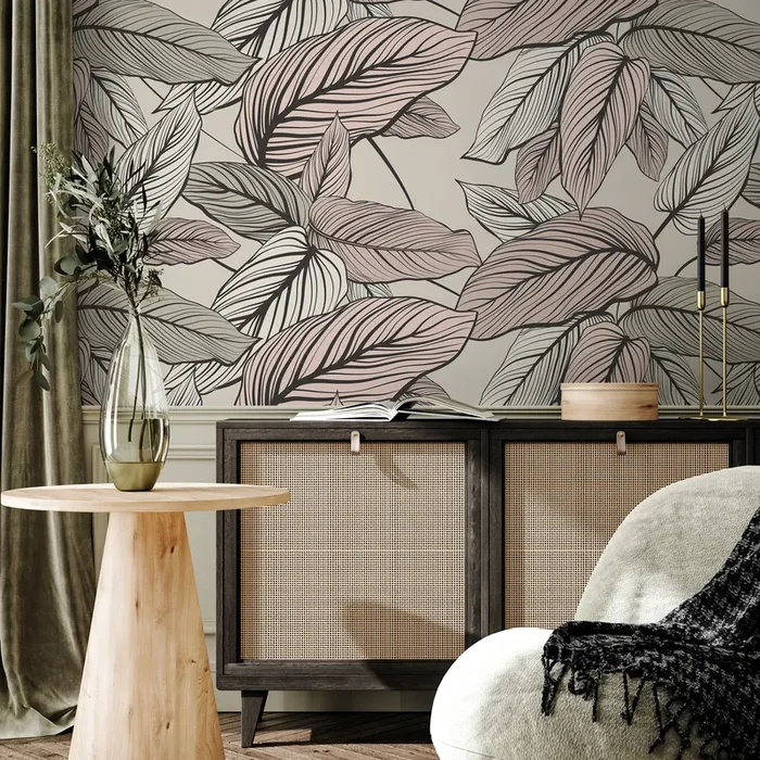 Botanical Wallpaper With Lined Calathea Leaves In Pink, Beige, And Black – C200