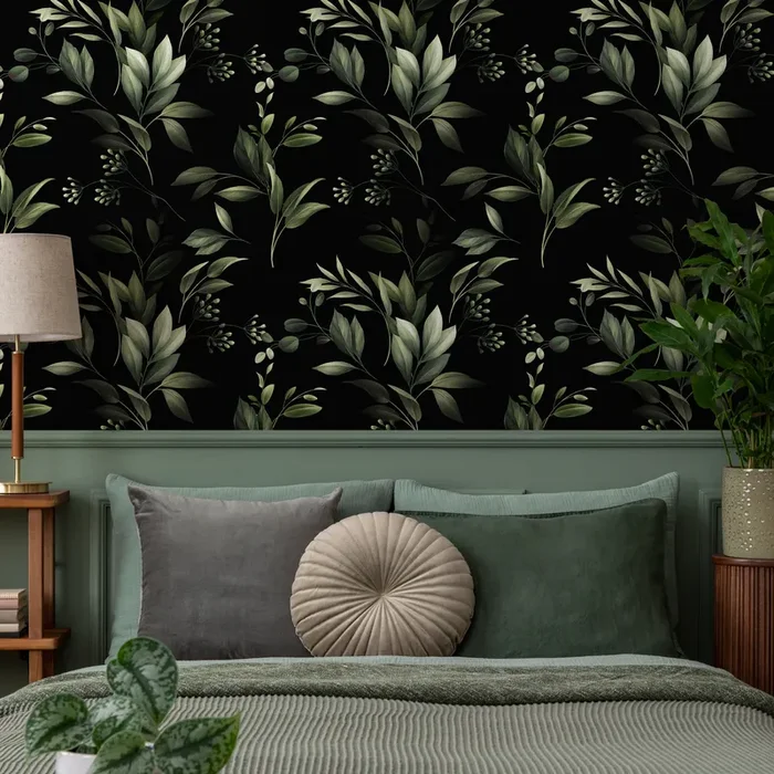 Botanical Wallpaper With Lush Leafy Branches In Green And Black – C790