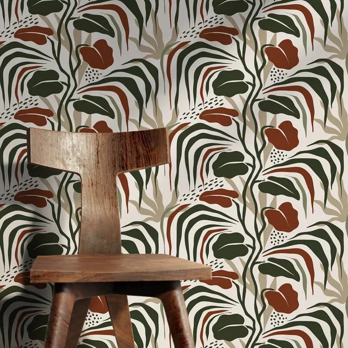 Botanical Wallpaper With Modern Abstract Leaves In Green And Terracotta – D717