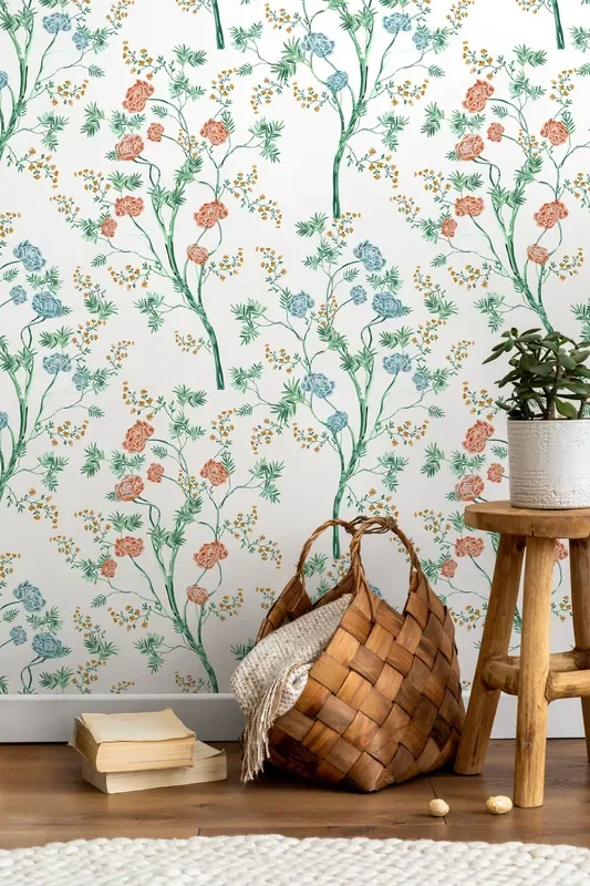 Botanical Wallpaper With Painted Floral Trees In Green, Coral, And Blue – D121