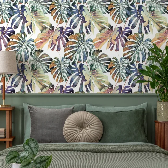 Botanical Wallpaper With Painterly Monstera Leaves In Green, Blue, And Orange – B092