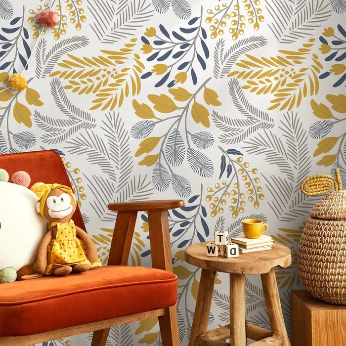Botanical Wallpaper With Stylized Ferns And Leaves In Yellow, Blue, And Gray – A722