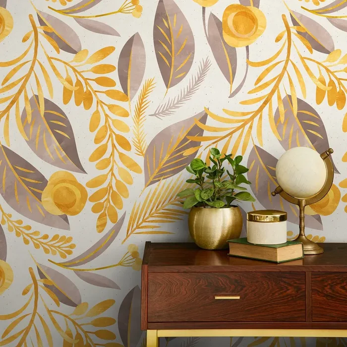 Botanical Wallpaper With Stylized Leaves And Flowers In Yellow And Taupe – A386