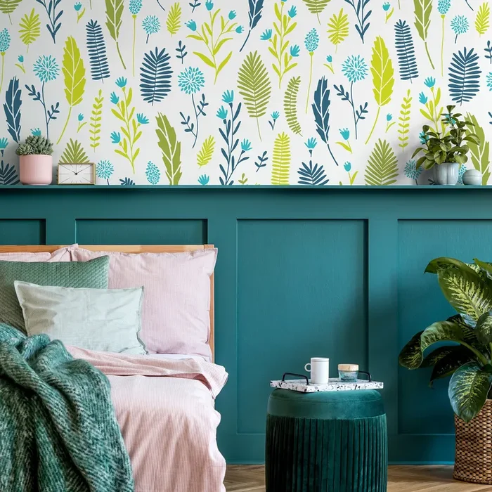 Botanical Wallpaper With Stylized Leaves In Green, Teal, And Blue – A879
