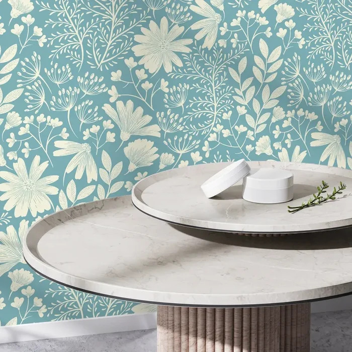 Botanical Wallpaper With Stylized Wildflowers In Light Blue And Cream – D131