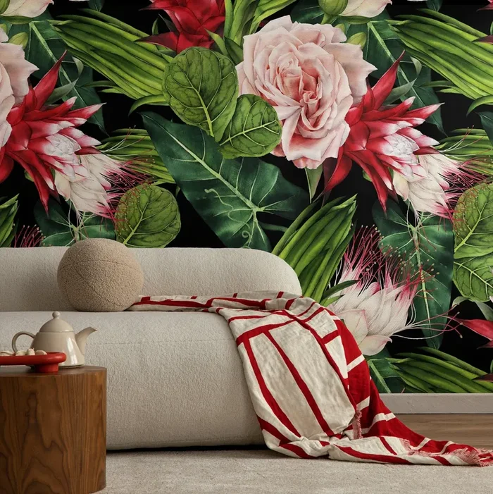 Botanical Wallpaper With Tropical Roses And Exotic Blooms In Pink, Red, And Green – A847