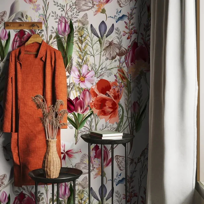 Botanical Wallpaper With Tulips, Poppies, And Butterflies In Red, Pink, And Purple – A212
