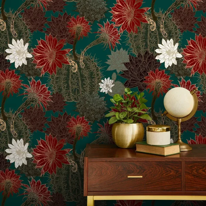 Botanical Wallpaper With Vintage Cactus Blossoms In Teal, Red, And Gold – A806